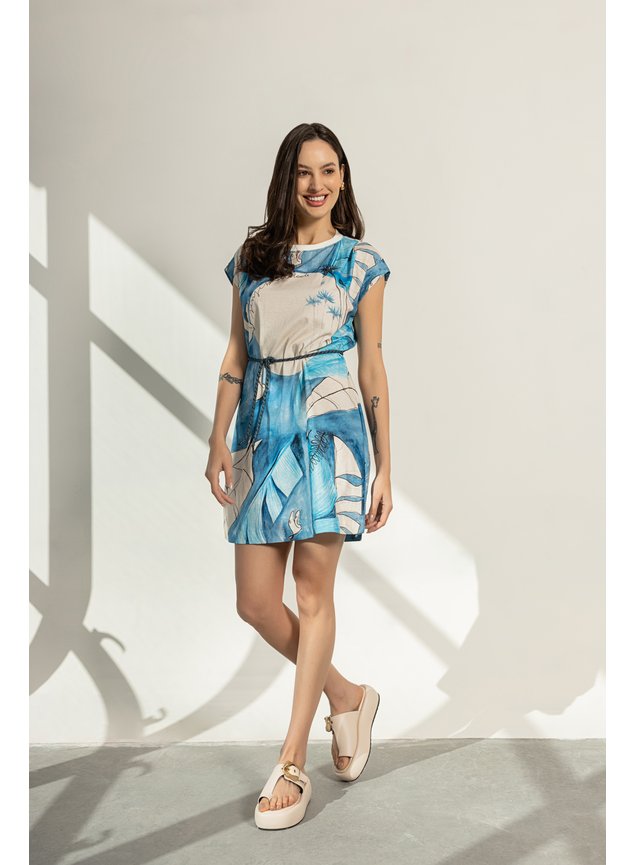 vestido regata alvorecer 100 algodao estampa exclusiva azul frontal